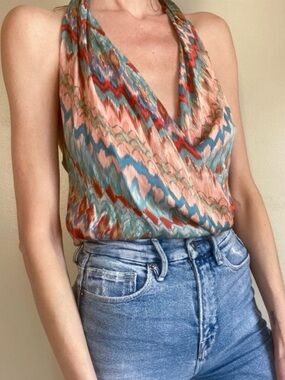 Haute Hippie Georgette Multicolor Halter Faux Wrap Silk Top. Boho. Rainbow Nomad